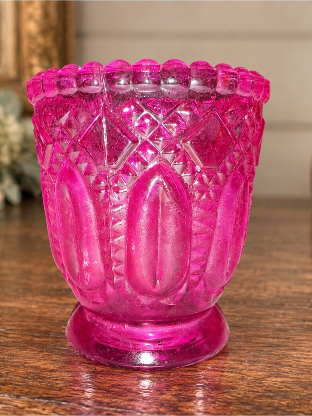 Vintage Fuchsia Pink Pressed Glass Votive Tealight Candle Holder 3”